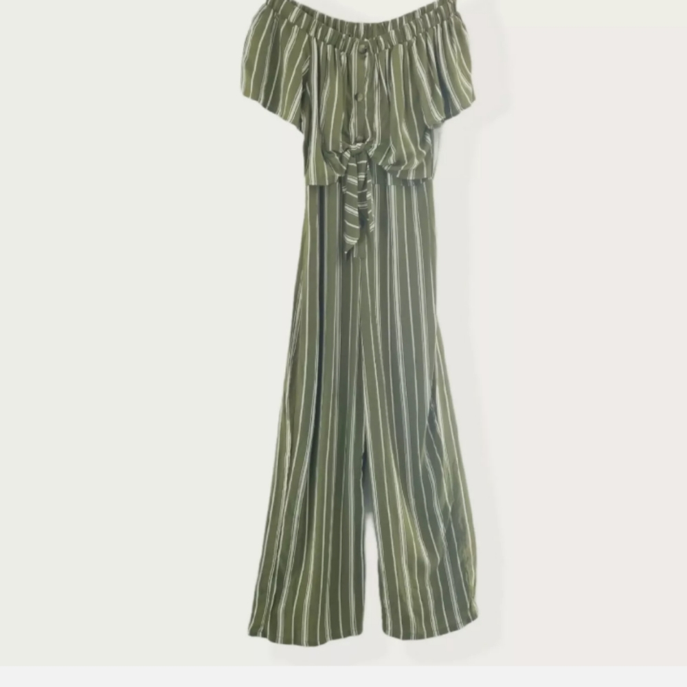 Society+Stitch flutter sleeve striped jumpsuit olive green/white size L